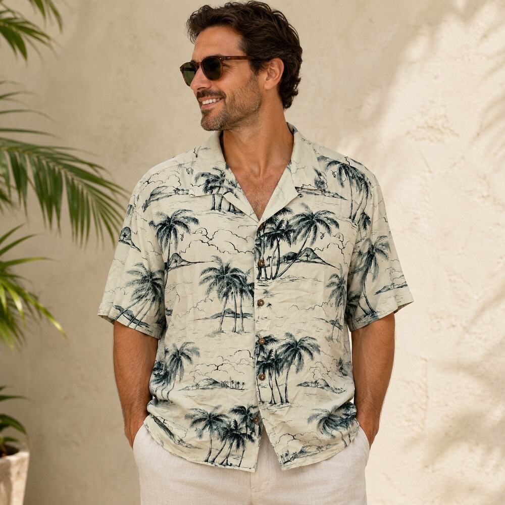 Pusser’s Silk Blend Hawaiian Camp Shirt Large Beige Palm Tree Island Print
